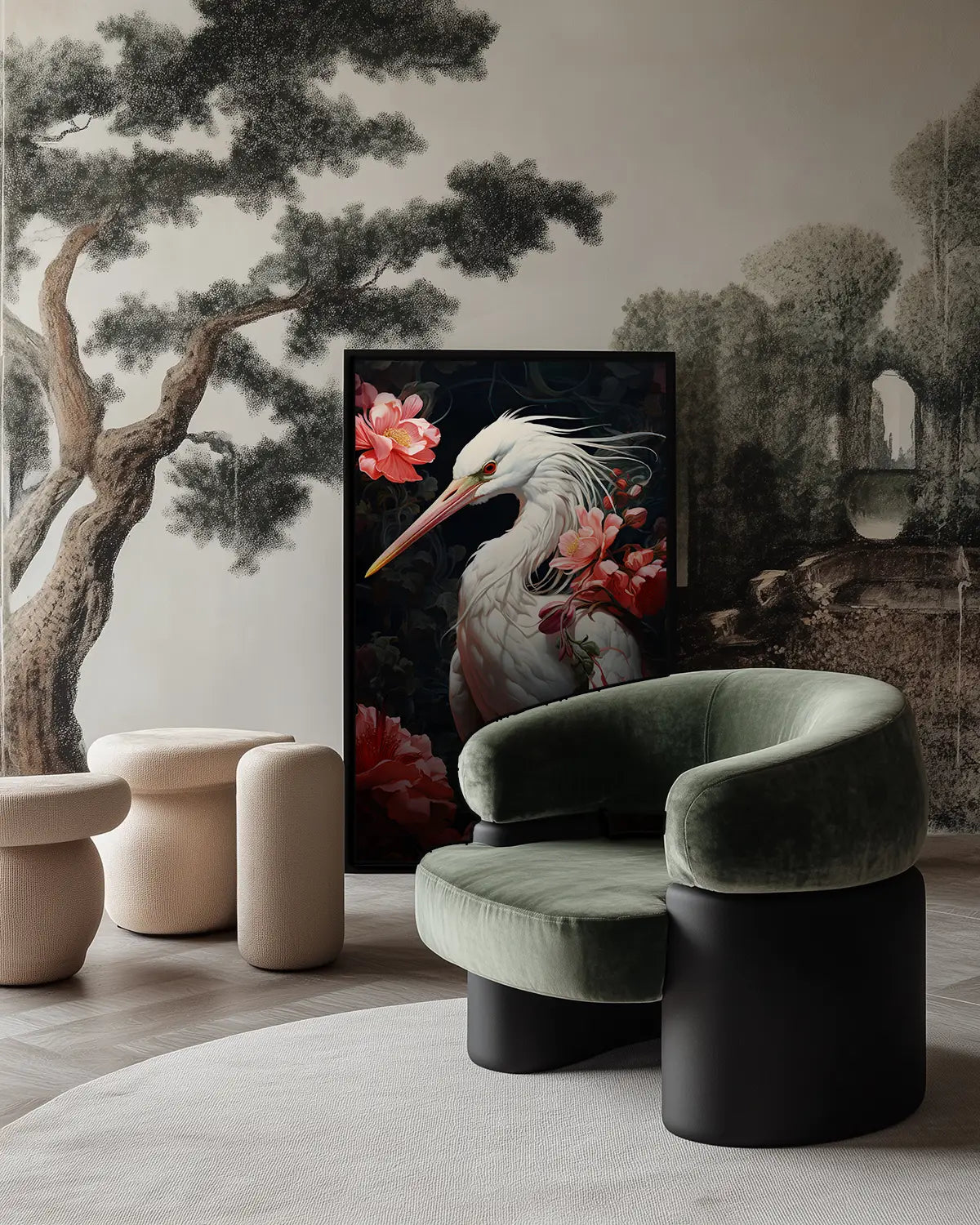 Crane Red Blooms - Framed Canvas