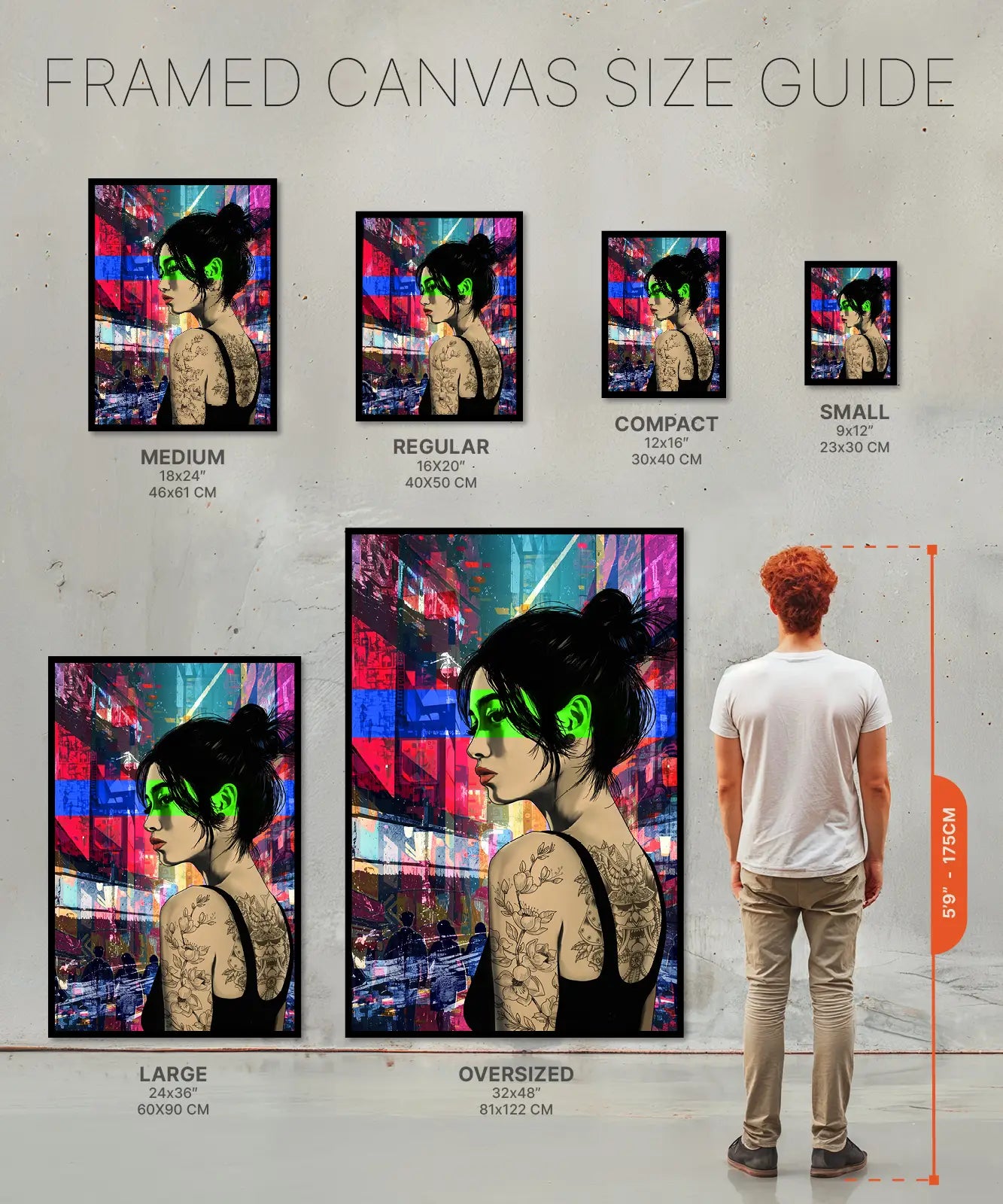Size chart of Framed Canvas of women with grunge background