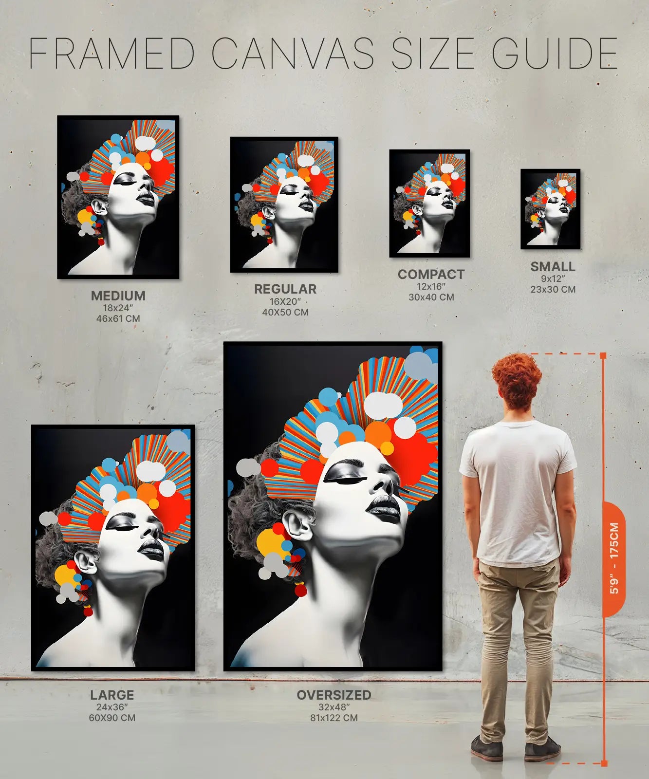 Size chart Framed Canvas Pop art women mind