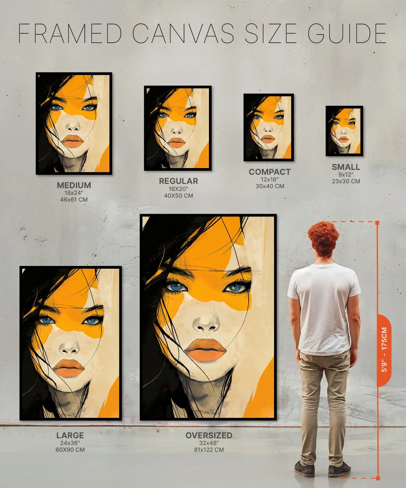 Size chart of framed canvas of women water oil painting