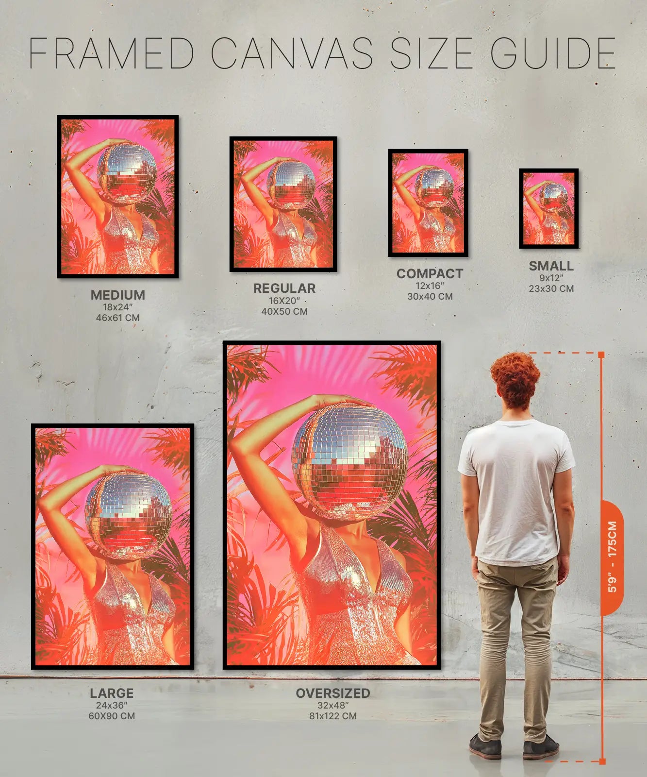 Size chart of Framed Canvas of women with dico ball