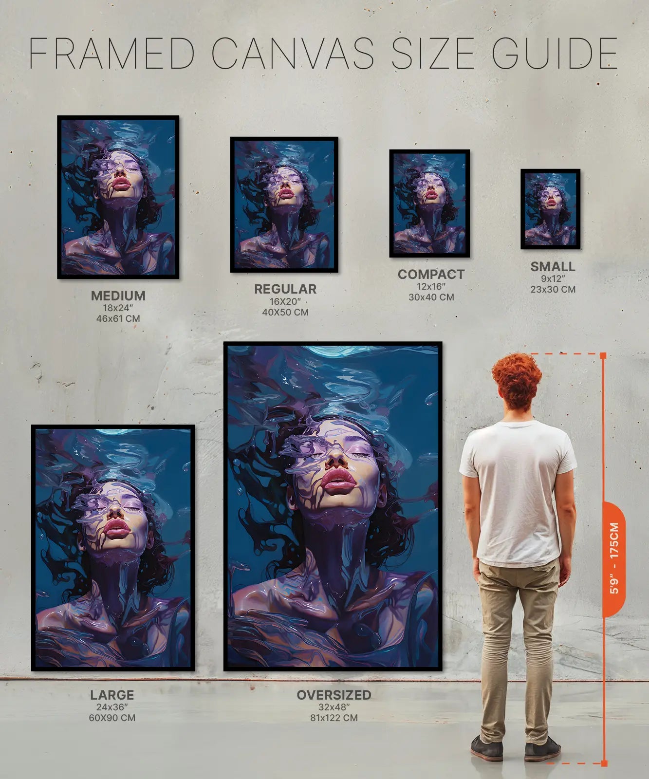 Size chart Framed Canvas Woman under water Liquid