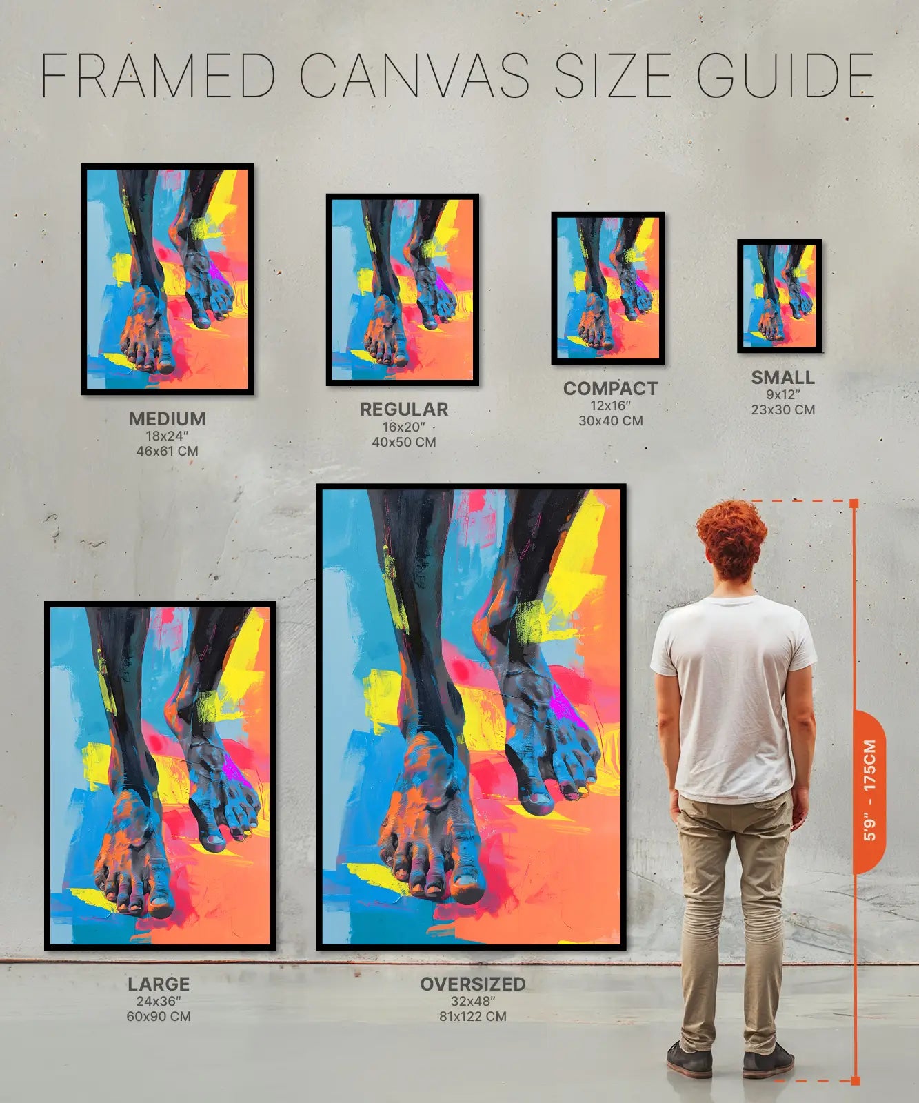 Size chart of poster of colorful feet oil painting