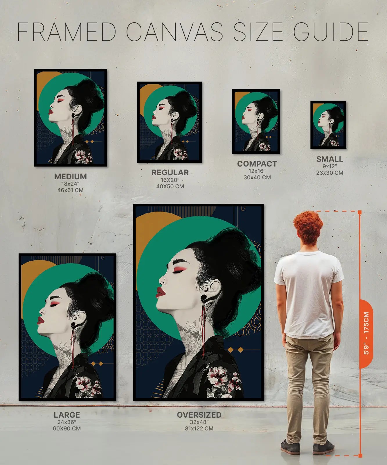 Size chart of Framed canvas of Asian with geometric background
