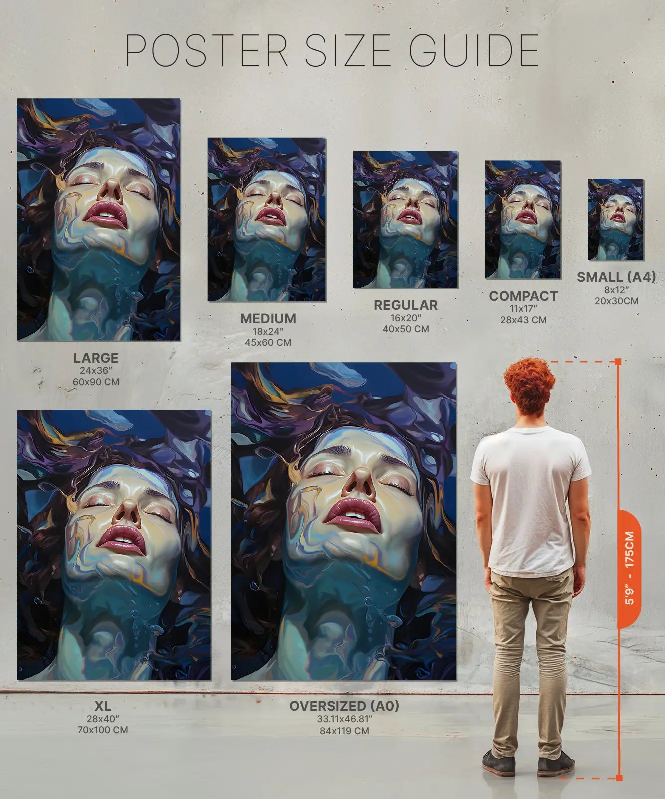 Size chart poster of women under water 2