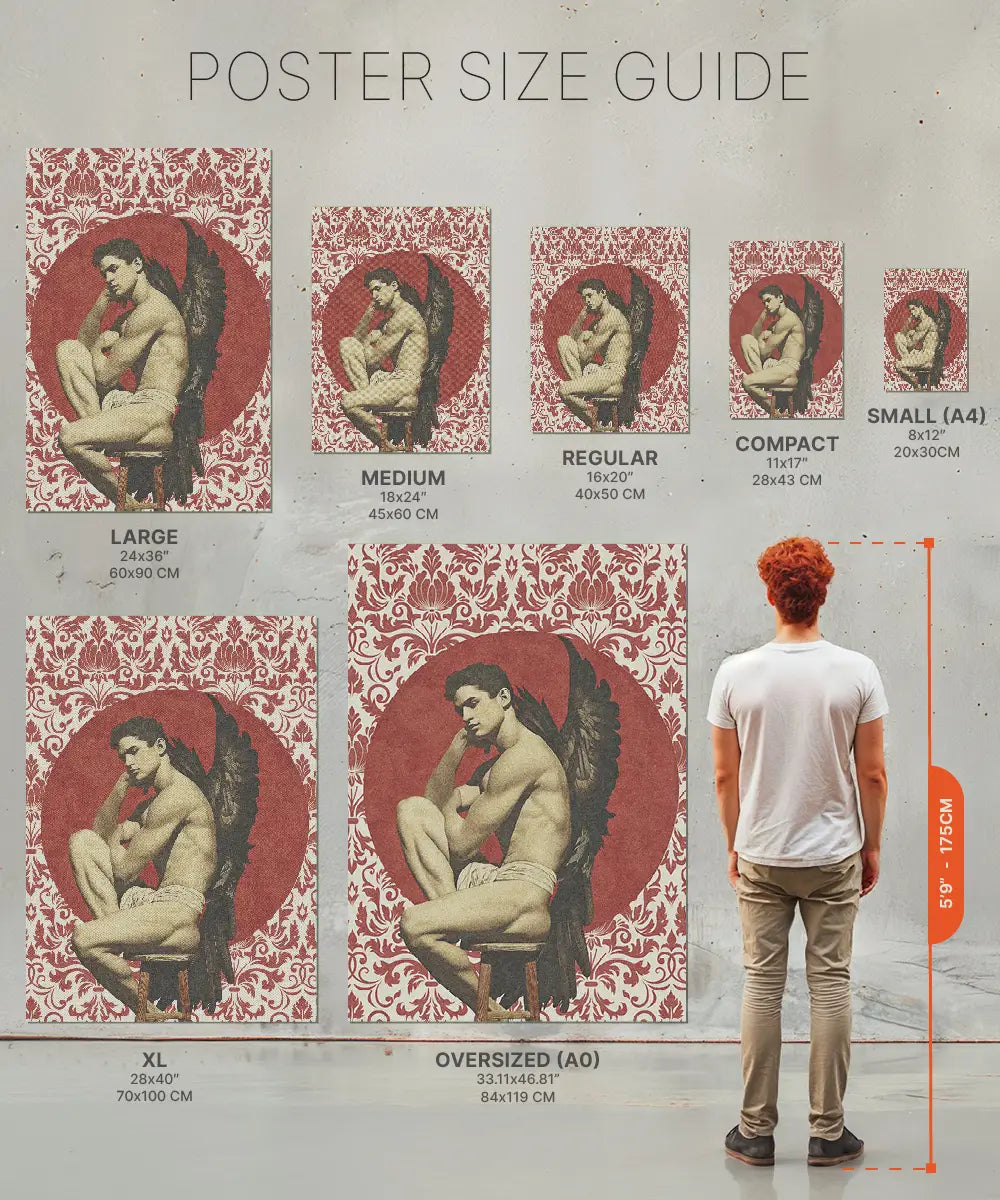 Size chart of Poster Vintage angel in red background