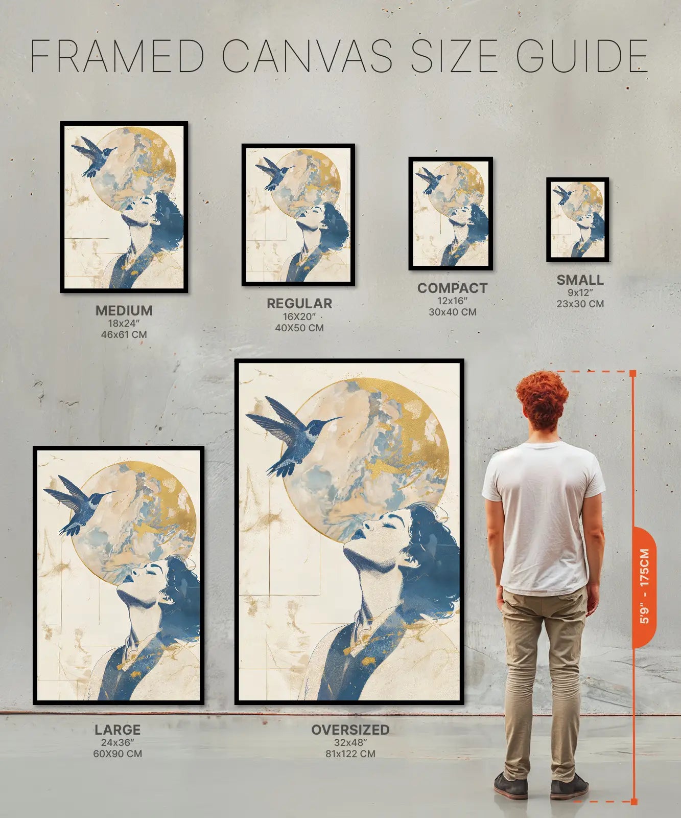 Size chart of Framed Canvas of women with hummingbird
