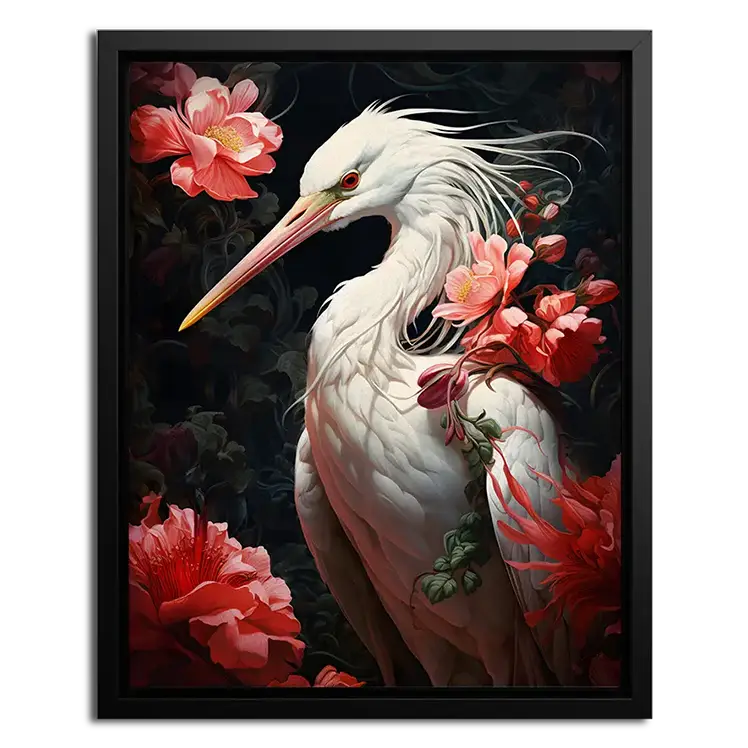 framed canvas Crane with red flowers art