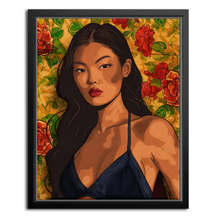 Framed Canvas of asian women with flowers