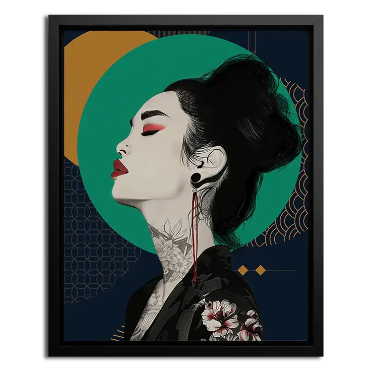 Framed Canvas of asian women with geometric background