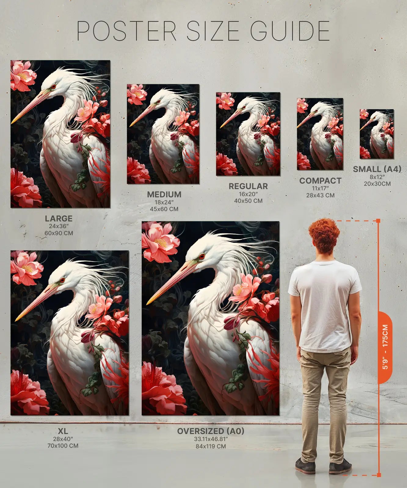 Size chart of Poster Crane with red flowers print