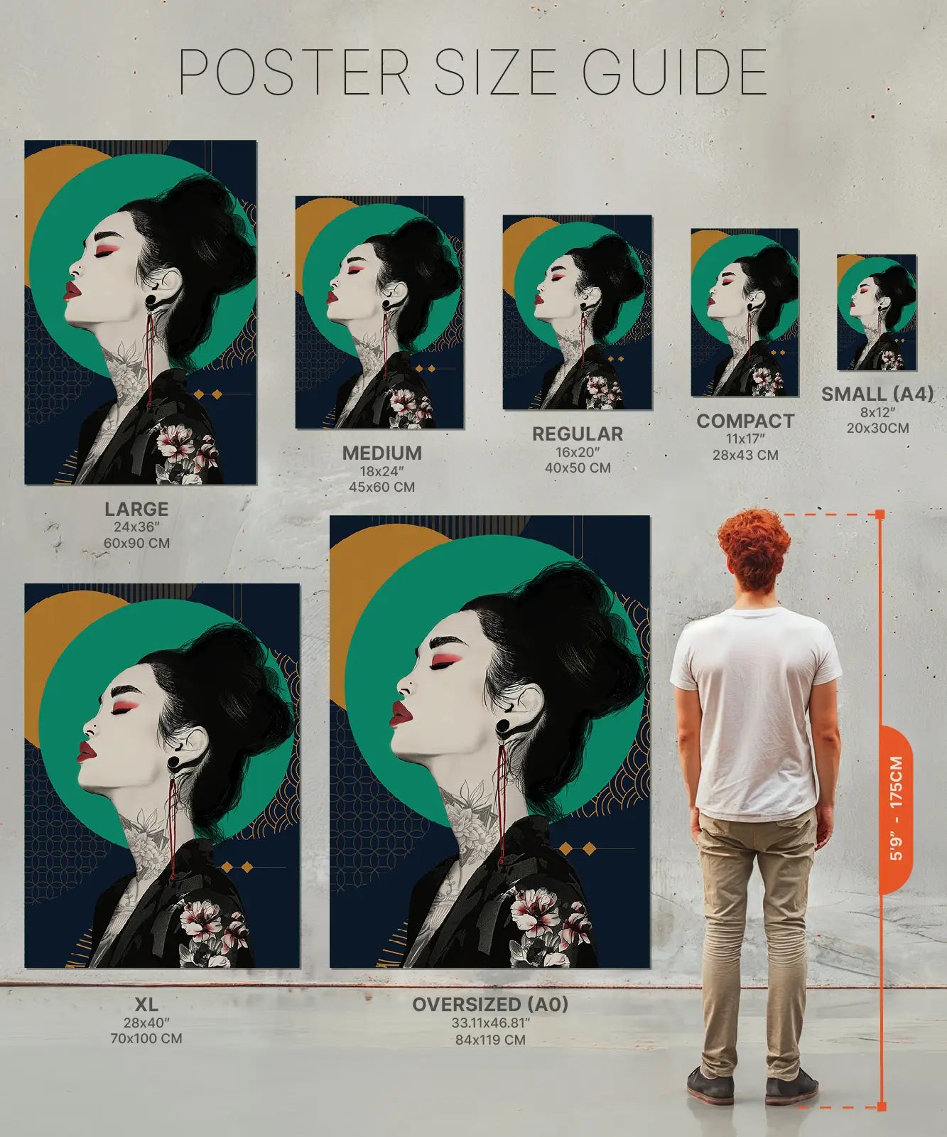 Size chart of poster of Asian with geometric background