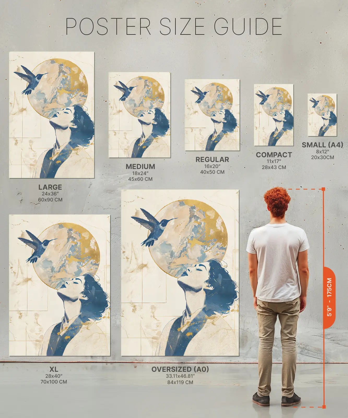 Size chart os poster women with hummingbird