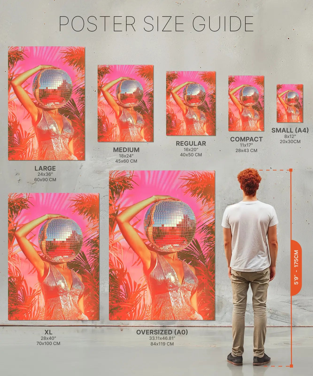 Size chart of poster women with disco ball head