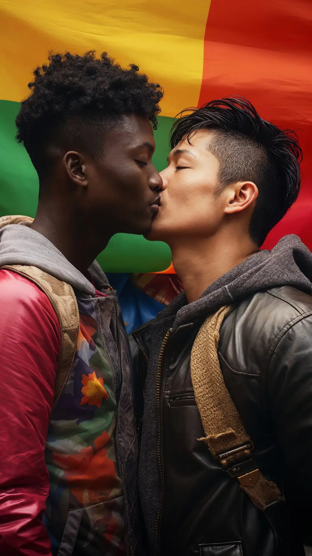 Queer interracial couple kissing under the LGBTQ+ flag.