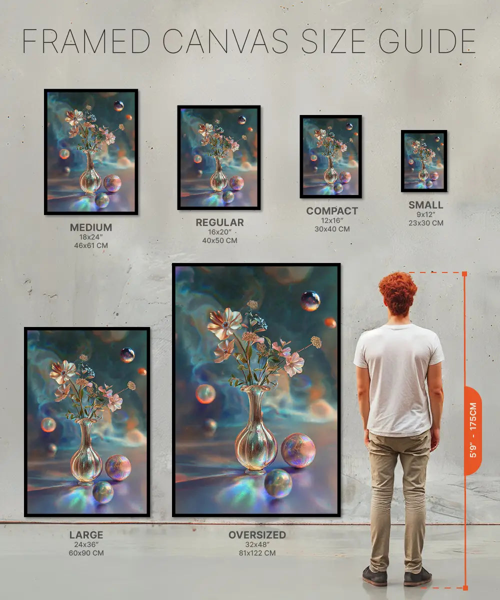 size chart of futuristic painting of a cosmic vase with flower